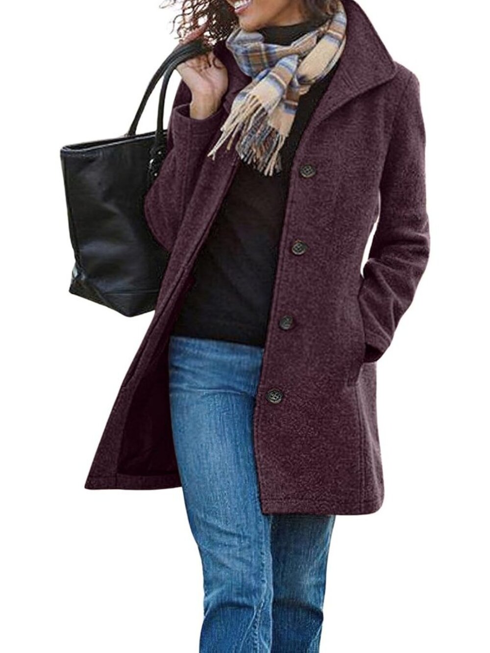 Cozy Women's Thicken Wool Blend Pea Coat with Stand Collar & Single Breasted